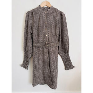 Bishop + Young Brown Beige Geometric Odessa Shirt Dress Medium